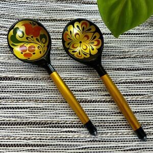 Vintage Russian Hand Painted Lacquer Wooden Spoons w/ Red & Gold Swirled Designs